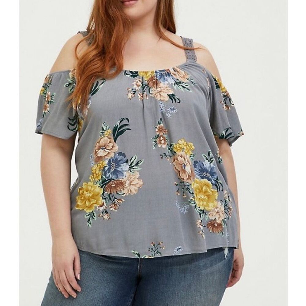 Womens Torrid Gauze Cold Shoulder Floral Print Lace Strap Top Blouse - Sz 2